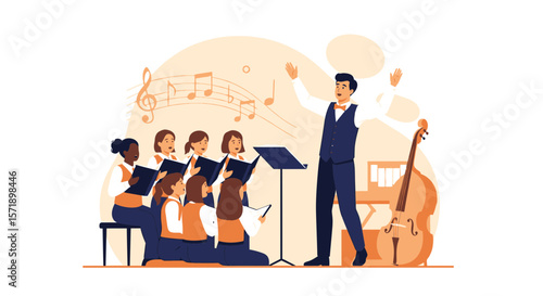 Illustrative Musical Ensemble With Conductor And Vocalists In Vibrant Colors