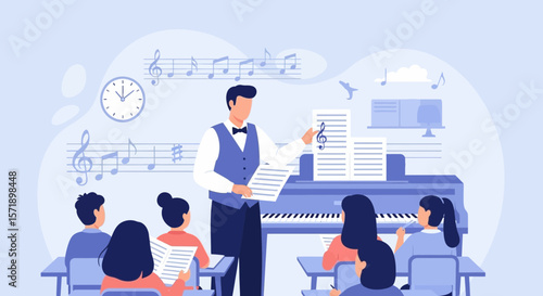 Music Class Illustration Featuring a Piano Teacher and Students in Classroom