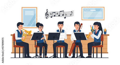 Illustrative Orchestra Performing Musical Piece Together In Concert Hall