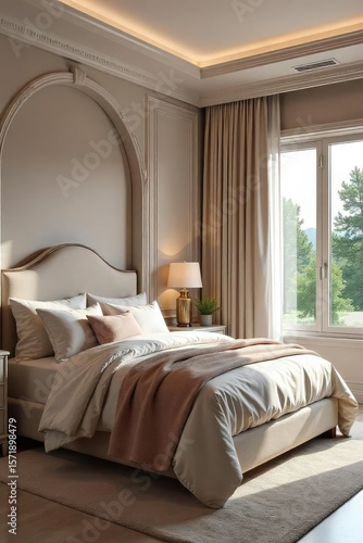 Luxurious master bedroom retreat featuring a plush king-size bed, elegant drapes, and a calming color palette for a serene atmosphere , light, pillows, plush
