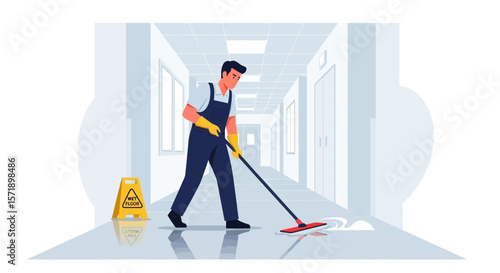 Professional Cleaner Mopping Floor In Hallway Office With Wet Floor Sign