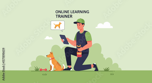Professional Dog Trainer Using Digital Tablet For Online Class Cartoon Illustration