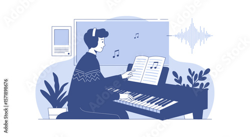 Musician Creating Melodies At Home Recording Audio Musical Instrument Illustration