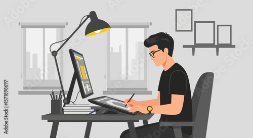 Illustrator Working On Digital Tablet At Desk With Computer And Lamp