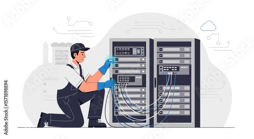 Network Engineer Configuring A Server System At Data Center For Cybersecurity