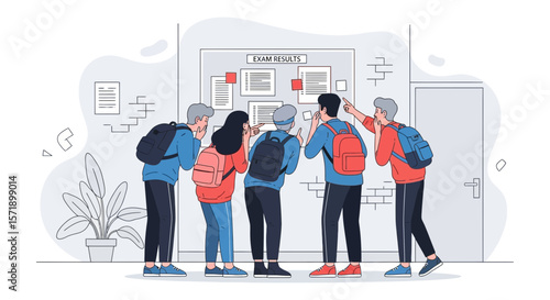 Students Anxiously Checking Exam Results On Bulletin Board After School