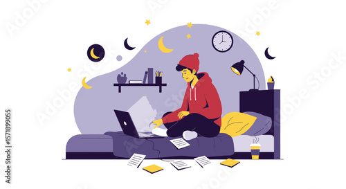 Nighttime Coding: A Young Man Works on His Laptop in Bed at Night
