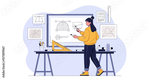 Woman Presenting Graphical Designs On Whiteboard In Creative Studio Office