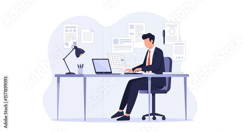 Professional Man Working Diligently At His Office Desk With Paperwork