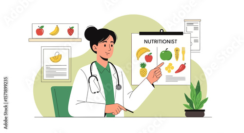 Nutritionist Presenting Healthy Food Options Chart In Clinic Office Illustration