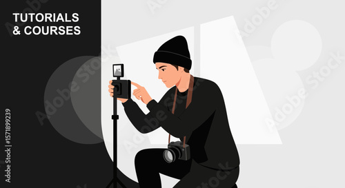 Professional Photographer Adjusting Camera Settings In Studio For Tutorials and Courses