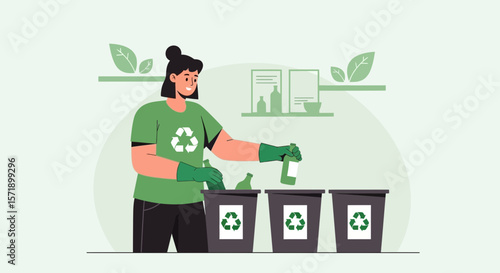 Woman Sorting Glass Bottles Into Recycling Bins For Environmental Preservation