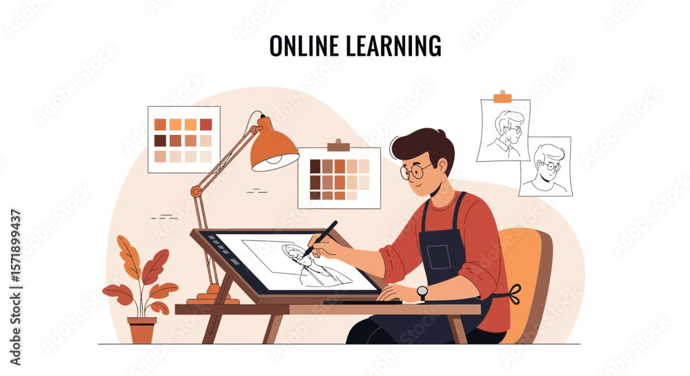 Fototapeta premium Online Art Creation With Digital Tablet By Young Man In Studio Workspace