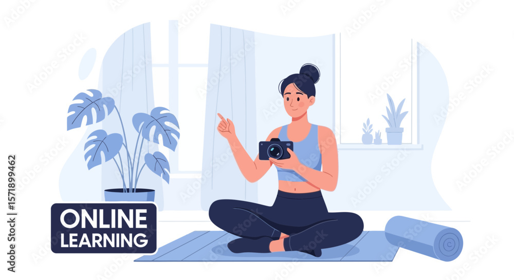 Fototapeta premium Woman Teaching Photography Online Class From Home Studio Illustration