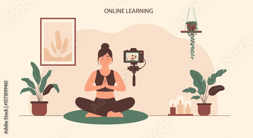 Woman Teaches Online Yoga Class Broadcasting from Home With Camera Setup