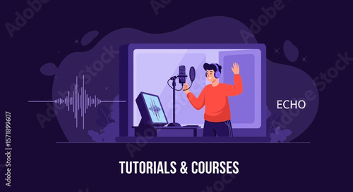 Online Audio Recording Course Man With Microphone And Sound Waves Design