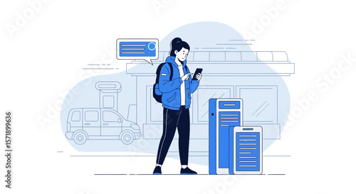 Woman Using Smartphone Awaiting Transportation At Bus Station Illustration