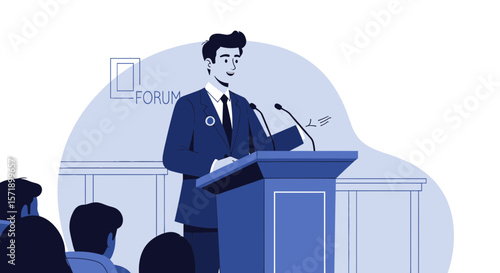 Professional Speaker Delivering Speech At Podium In Business Forum Convention Center