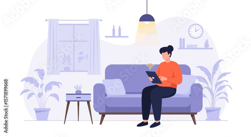Woman Using Tablet At Home Cozy Living Room Interior Design Flat Illustration