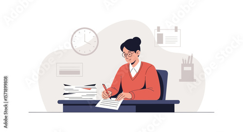Woman Working Hard At Her Desk With Documents In Office Isolated