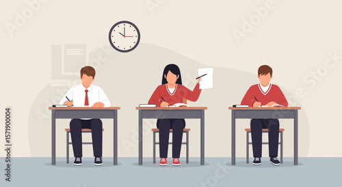 Students Taking An Exam In A Classroom With One Student Raising Her Hand