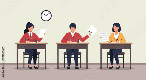 Students Taking An Examination In A Classroom With Desks And Clock On Wall