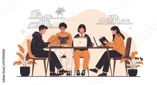 Students Together Studying With Books And Laptop In Study Room Illustration