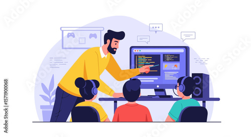 Programming Class With Instructor Explaining Coding To Students With Headsets