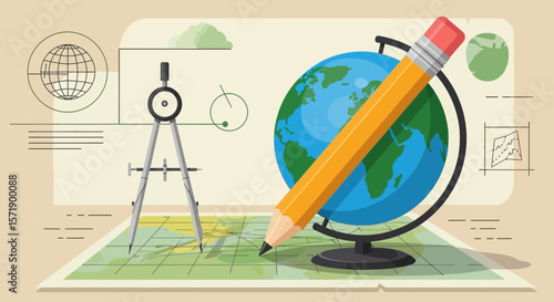 World Exploration With Globe Map And Pencil For Educational Purposes