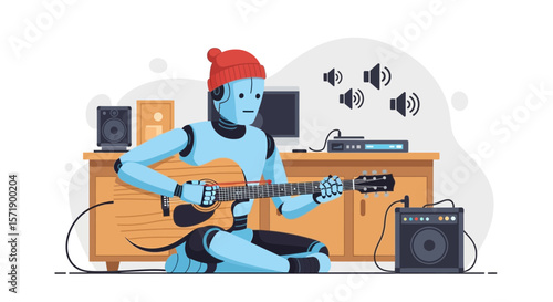 Intelligent Machine Playing Guitar Producing Melodies In A Living Space