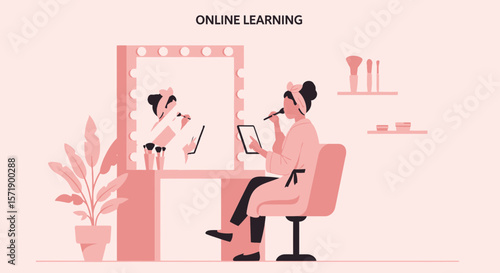 Stylish Woman Attending Online Beauty Tutorial In Her Pink Dressing Room