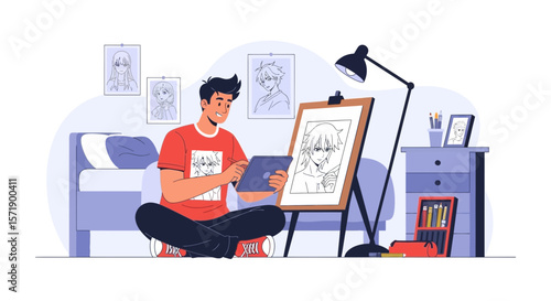 Young Artist Creating Digital Anime Sketch At Home On Tablet Device