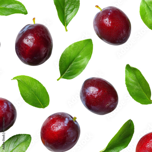 Fresh plums and leaves in a seamless pattern, a perfect image for food design.  The rich colors of the plums and fresh green leaves are eye-catching.