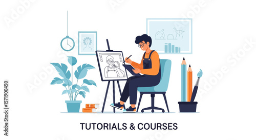 Young Artist Drawing On Canvas In Bright Studio With Illustrations And Plants