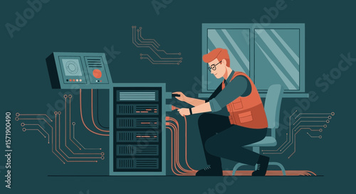 System Administrator Connecting Cables In Data Center For Server Maintenance