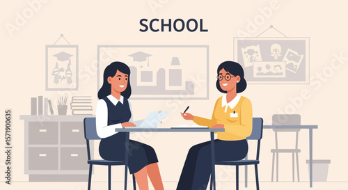 Teacher And Student Meet At School For Academic Advising And Mentoring
