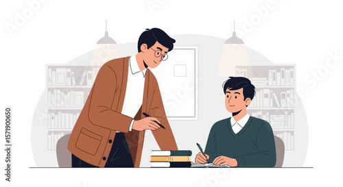 Teacher Assisting Student With Homework In A Library Setting Illustration