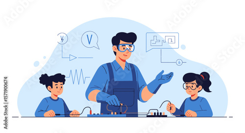 Teacher Demonstrating Electronic Principles To Students In Class With Circuitry
