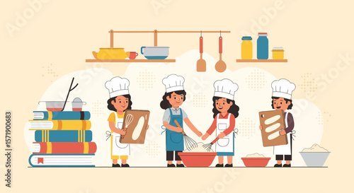Young Chefs In Kitchen Learning Baking Skills And Having Fun Together