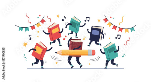 Joyful Celebration Of Learning With Dancing Books And Colorful Party Decorations