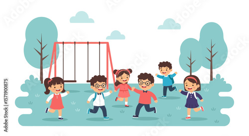 Joyful Children Playtime At Playground After School Cartoon Illustration