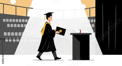 Proud Graduate Striding With Confidence After Receiving Academic Honors Diploma