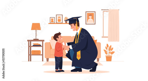 Proud Graduation Moment Shared Between A Father And Son At Home Setting