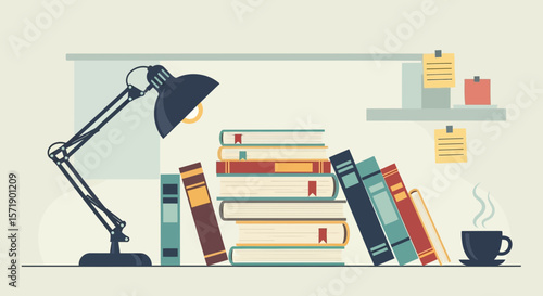 Quiet Study Nook With Lamp Stack Of Books And Notes With A Hot Beverage