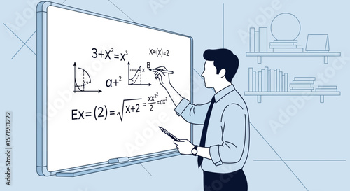 Teacher Explaining Mathematics Equations On Whiteboard In Classroom Concept Illustration