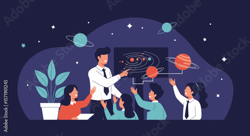 Teacher Explaining Solar System to Students in Class during Astronomy Lesson