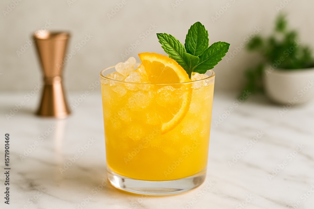 Fototapeta premium Bright yellow-orange tropical cocktail with crushed ice, served in a short glass on marble with soft natural light.