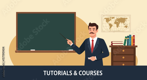 Teacher Presenting Lesson In Classroom With Chalkboard And World Map Illustration