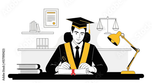 Young Graduate Signing Diploma At His Desk In A Law Office