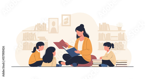 Teacher Reading Aloud To Students In Classroom Or Library Setting Illustration